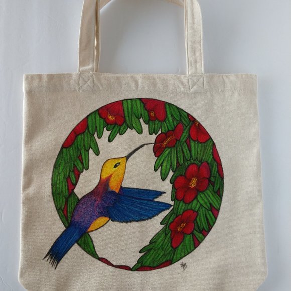 Handmade Painted Tote Bag Blue & Gold Hummingbird in Red Flowers 13.5x13.5x3.5 - Picture 12 of 16